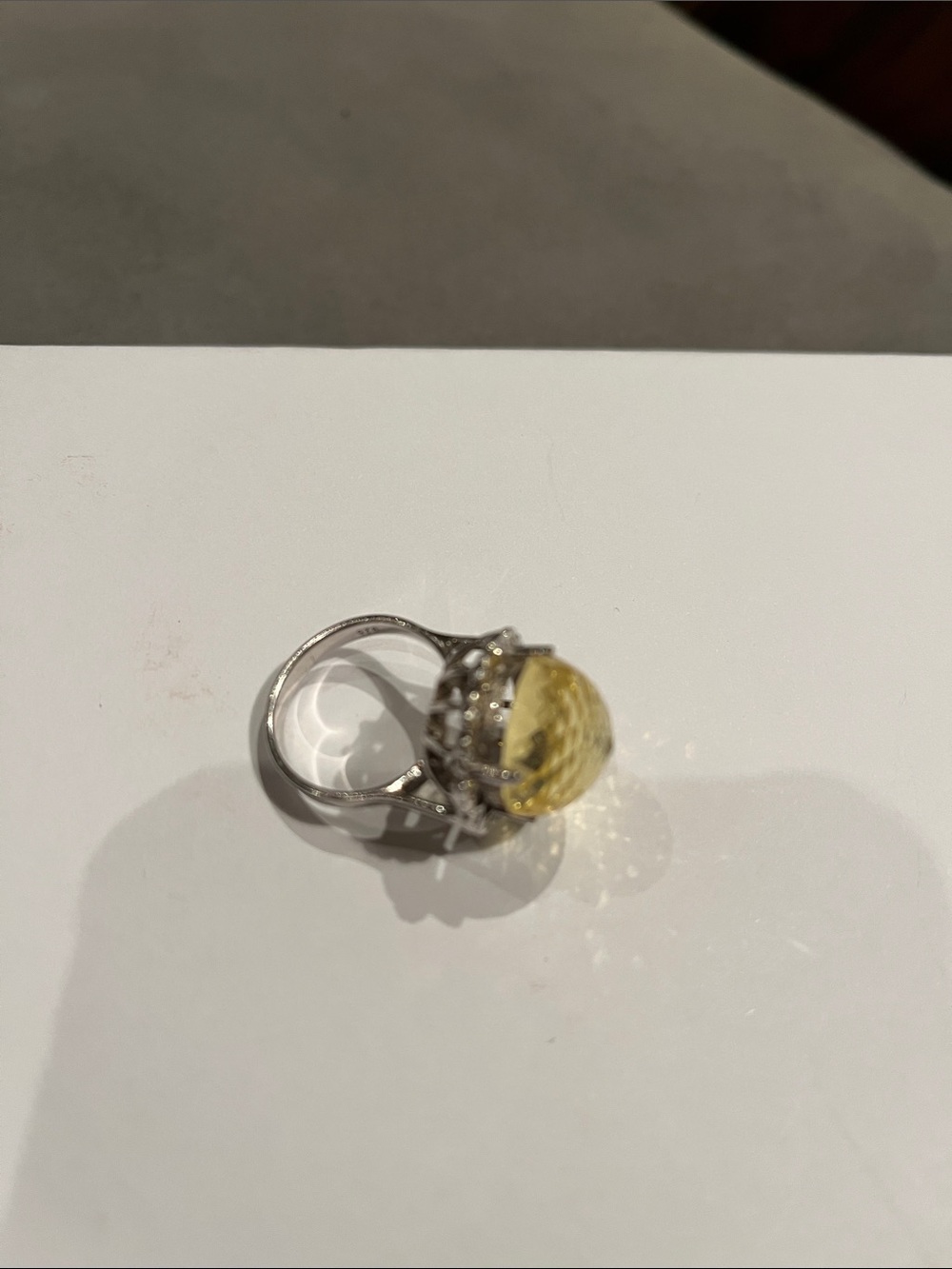 Yellow Crystal Cocktail Ring with Silver-Tone Band size 6